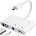 Pikkukuva 1 / 5: USB C -sovitin 3,5 mm:n liitännällä ja pikalatauksella OTG-sovitin, tyyppi C - Aux-jakaja kuulokkeille (valkoinen)