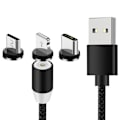Pikkukuva 8 / 8: Magneettinen 3-in-1-latauskaapeli USB/Mikro/C-tyyppi/Lightning 1m musta musta