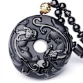 Miniatyrbilde 1 av 4: Naturlig Obsidian Stein Håndskåret Pi Yao Sjarme Lykke Perle Pixiu Anheng Halskjede