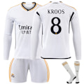 Miniatyrbild 1 av 2: Real Madrid Hemmafotbollströja Långärmad Set Barn Fotbollsutrustning 23-24 No.8 Kroos 22