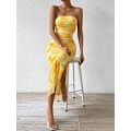 Miniatyrbillede 4 af 6: Sommerkjole til kvinder med print, stropløs tube top kjole, bodycon maxikjole med sideslids og lag af mesh M