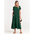 Miniatyrbilde 1 av 5: Dame Sommer Casual Kortermet Rund Hals A-linje Swing Flytende Lagdelt Skjorte Maxi Strand Lang Kjole 2025 Trendy Antrekk XL