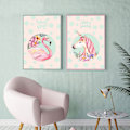 Miniatyrbillede 4 af 8: Enhjørninger og flamingoer vægkunst lærredstryk plakat, enkel mode dame stil A