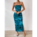 Miniatyrbillede 4 af 6: Sommerkjole til kvinder med print, stropløs tube top kjole, bodycon maxikjole med sideslids og lag af mesh M