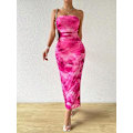 Miniatyrbillede 3 af 6: Sommerkjole til kvinder med print, stropløs tube top kjole, bodycon maxikjole med sideslids og lag af mesh XL