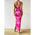 Miniatyrbillede 2 af 6: Sommerkjole til kvinder med print, stropløs tube top kjole, bodycon maxikjole med sideslids og lag af mesh L