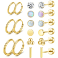 Miniatyrbild 1 av 7: Kirurgiskt stål örhängen för kvinnor män 20 Gauge Hoop Stud Örhängen Set för flera piercingar CZ Boll Nap Örhängen Platt Baksida Hypoallergena Golden