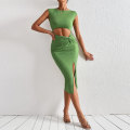 Miniatyrbillede 6 af 6: Side Slit Ærmeløs Strik Udskåret Tank Top Kjole (Grøn XL)