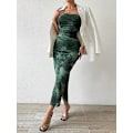 Miniatyrbillede 6 af 6: Sommerkjole til kvinder med print, stropløs tube top kjole, bodycon maxikjole med sideslids og lag af mesh M