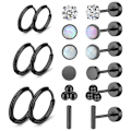 Miniatyrbild 1 av 7: Kirurgiskt stål örhängen för kvinnor män 20 Gauge Hoop Stud Örhängen Set för flera piercingar CZ Boll Nap Örhängen Platt Baksida Hypoallergen Black