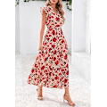 Miniatyrbillede 2 af 5: Dame 2025 Sommer Blomstret Midi Kjole Korte Ærmer V-Hals Flæse Lang Flydende Boho Afslappet Strand Ferie Kjoler XL