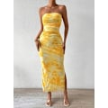 Miniatyrbillede 6 af 6: Sommerkjole til kvinder med print, stropløs tube top kjole, bodycon maxikjole med sideslids og lag af mesh M