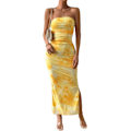 Miniatyrbillede 1 af 6: Sommerkjole til kvinder med print, stropløs tube top kjole, bodycon maxikjole med sideslids og lag af mesh M