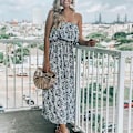 Miniatyrbillede 6 af 6: Dame Sommer Off Shoulder Maxikjole Flæse Stropløs Blå Hvid Porcelæn Boho Afslappet Løse Lange Kjoler L