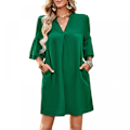 Miniatyrbillede 2 af 7: Neck Puff Sleeve Solid Color Loose Flowy Mini Kjole (Grøn M)