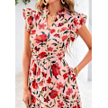 Miniatyrbillede 4 af 5: Dame 2025 Sommer Blomstret Midi Kjole Korte Ærmer V-Hals Flæse Lang Flydende Boho Afslappet Strand Ferie Kjoler XL