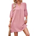 Miniatyrbillede 1 af 8: Neck Puff Sleeve Solid Color Loose Flowy Mini Dress (Pink XL)