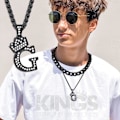 Miniatyrbillede 3 af 4: Krone Initial A-Z Halskæde, Iced Out Bogstav Vedhæng med 22-24 Tommer Kæde, Mænd Kvinder Bling Hip Hop Alfabet Navn Smykker Gave Store Initialer Halskæder G Black