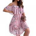 Miniatyrbild 1 av 4: Off Shoulder Hängande Rem Tryckt Chiffon Klänning (Rosa M)