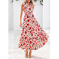 Miniatyrbillede 3 af 5: Dame 2025 Sommer Blomstret Midi Kjole Korte Ærmer V-Hals Flæse Lang Flydende Boho Afslappet Strand Ferie Kjoler XL