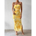 Miniatyrbillede 3 af 6: Sommerkjole til kvinder med print, stropløs tube top kjole, bodycon maxikjole med sideslids og lag af mesh M