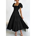Miniatyrbillede 2 af 6: Dame 2025 Sommer Casual Midi Kjole Puf Korte Ærmer Firkantet Hals Smock Tiered Flæsekjoler L