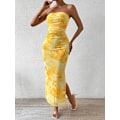Miniatyrbillede 5 af 6: Sommerkjole til kvinder med print, stropløs tube top kjole, bodycon maxikjole med sideslids og lag af mesh M