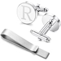 Miniatyrbild 3 av 5: Manschettknappar och slipsklämma i rostfritt stål med graverad initial R