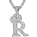 Miniatyrbillede 1 af 8: Krone Initial A-Z Halskæde, Iced Out Bogstav Vedhæng med 22-24 Tommer Kæde, Mænd Kvinder Bling Hip Hop Alfabet Navn Smykker Gave Store Initialer Halskæder R Silver