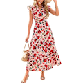 Miniatyrbillede 1 af 5: Dame 2025 Sommer Blomstret Midi Kjole Korte Ærmer V-Hals Flæse Lang Flydende Boho Afslappet Strand Ferie Kjoler XL
