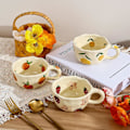 Miniatyrbillede 4 af 6: Keramisk Kaffekrus, Sød Blomster- og Frugtkop, Par Krus 250 ml til Latte Te Mælk, Velegnet til Mor på Mors Dag Cream Yellow