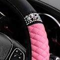 Miniatyrbild 3 av 4: Bling Bilrattsskydd, 15 Tum Strass Mjukt Läder Elastiskt Ratt Skydd, Glittrande Kristall Diamant för Kvinnor Pink