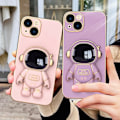 Pikkukuva 2 / 6: 6D galvanoitu astronautti piilotettu jalustakotelo iPhonelle Naisastronautti taittuva jalusta iPhone-kotelo kamerasuojalla Pehmeä TPU iskunkestävä puskuri Pink iPhone XR