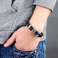 Miniatyrbillede 2 af 4: Flettet læderrem Speciel stil Klassisk rustfrit stål Læderarmbånd til mænd Dobbeltlagsdesign A