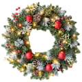 Miniatyrbilde 1 av 5: Julekrans for dørdekorasjon med kongler, bær og snøfnugg (30 cm, 20 LED-lys)