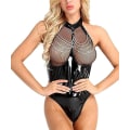 Miniatyrbillede 2 af 5: 1 stk (Sort) Kvinders Laklæder Fiskenet Bryst Lynlås Bodysuit