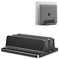 Miniatyrbillede 1 af 5: Vertikal bærbar computer stand - SPACEMax justerbar GRIPLock Anti-Tip silikone 4 slots aluminium skrivebordsstativ - dobbelt dock stand - 2 telefonslots passer til op til 17,3” bærbare computere, tablets, telefoner - sort