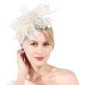 Miniatyrbillede 3 af 5: Fjerblomst Mesh Fascinator Hat Beige Med Hårklips Bryllup