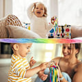Pikkukuva 5 / 5: 2 KPL Sensory Anneau En Bois Bb Jouets - Bbs Arc-En-Ruban Hochet Jouet ducatif Toddler Jouer Jouet Avec Des Cloches