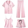 Dam 4-delad pyjamas set i siden satin, sexig pyjamas, sovkläder Pink Pink M