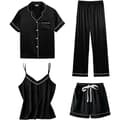 Dam 4-delad pyjamas set i siden satin sovkläder sexig pjs loungewear Black Black M
