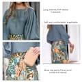 Miniatyrbillede 3 af 4: Kvinder Casual 2-delt Outfit Lang Puff Ærme Rund Hals Top Bluse Blomster Print Brede Ben Bukser til Kontor Grøn M