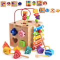 Miniatyrbild 2 av 7: Pedagogisk Byggleksakscenter, Montessori STEM-inlärning, 5-i-1 Multifunktionella Spel för Småbarn med Fruktformade Pärlor, Träform