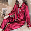 Miniatyrbild 1 av 5: Dam Satin Silk Look Sovkläder Pyjamas Långärmad Nattklädesset-Perfet Red 2XL