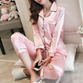 Miniatyrbild 1 av 4: Dam Satin Silk Look Sovkläder Pyjamas Långärmad Nattklädesset-Perfet Pink L