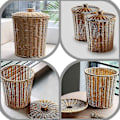 Miniatyrbild 3 av 5: Vävd Papperskorg Rund Rotting Papperskorg med Lock Planter Vävd Korgar Korg Papperskorg - Perfekt