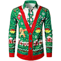 Miniatyrbillede 1 af 2: Mænds Business Casual Langærmet Skjorte Skinnende Guld Træ Elg Print Juletrøje-Perfet green4 4XL