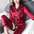 Miniatyrbild 3 av 5: Dam Satin Silk Look Sovkläder Pyjamas Långärmad Nattklädesset-Perfet Red 2XL