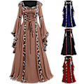 Miniatyrbillede 1 af 5: Middelalderkjole Kvinder Snørebånd Langærmet Gulvlang Middelalderkjole Halloween Kostume - Perfekt Red XXXXXL