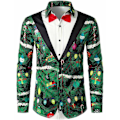 Miniatyrbillede 1 af 2: Mænds Business Casual Langærmet Skjorte Skinnende Guld Træ Elg Print Juletrøje-Perfet green5 L
